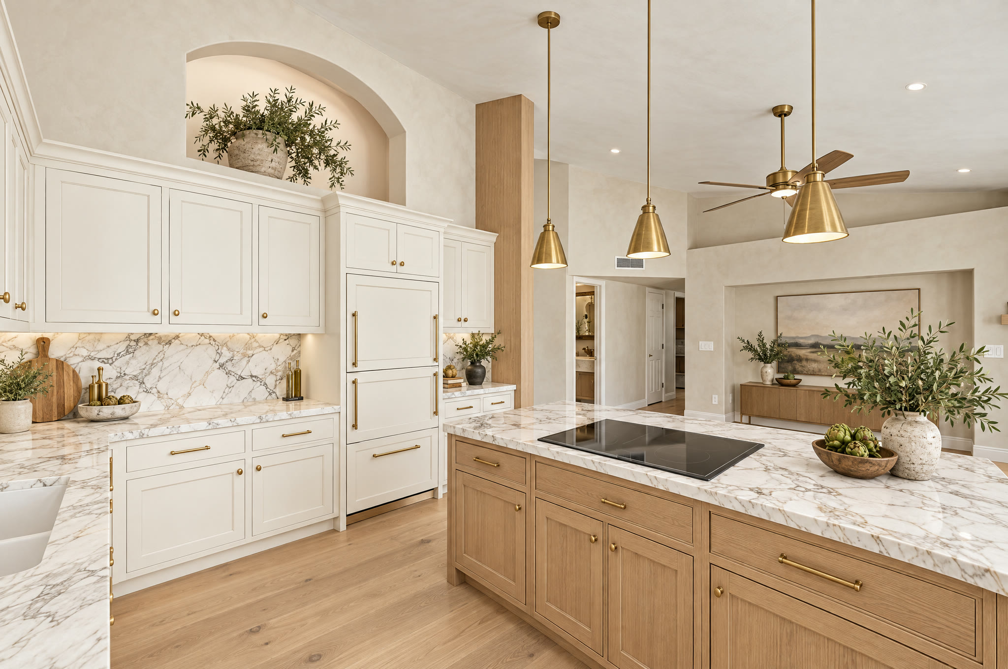 Kitchen, by the ovens in California Modern Farmhouse. Virtually styled. Not the actual condition.