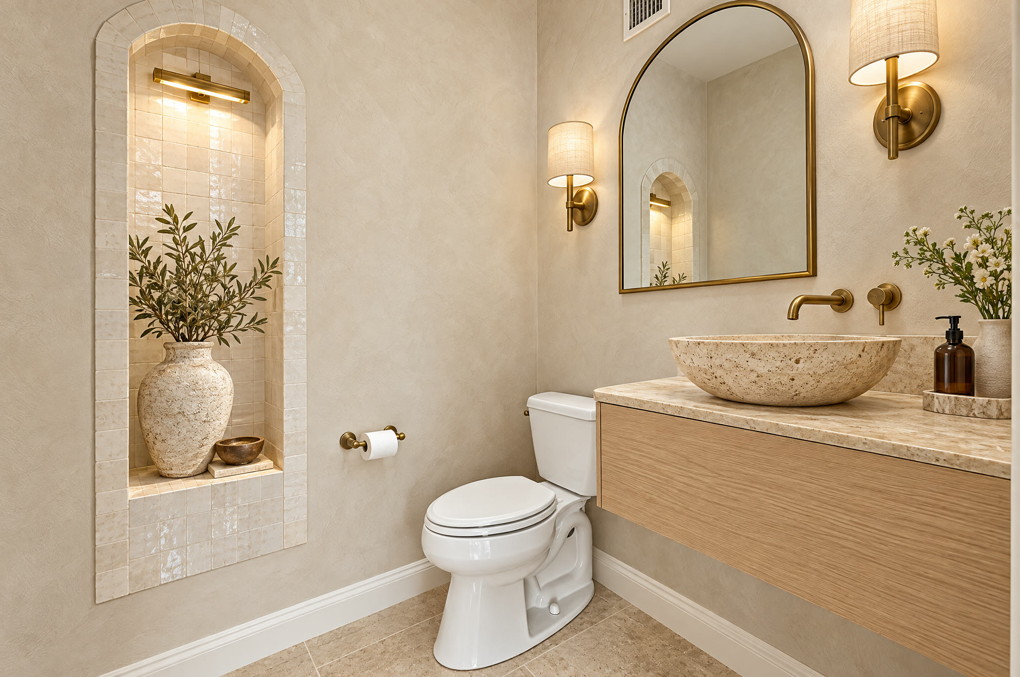Powder room in California Modern Farmhouse. Virtually styled. Not the actual condition.