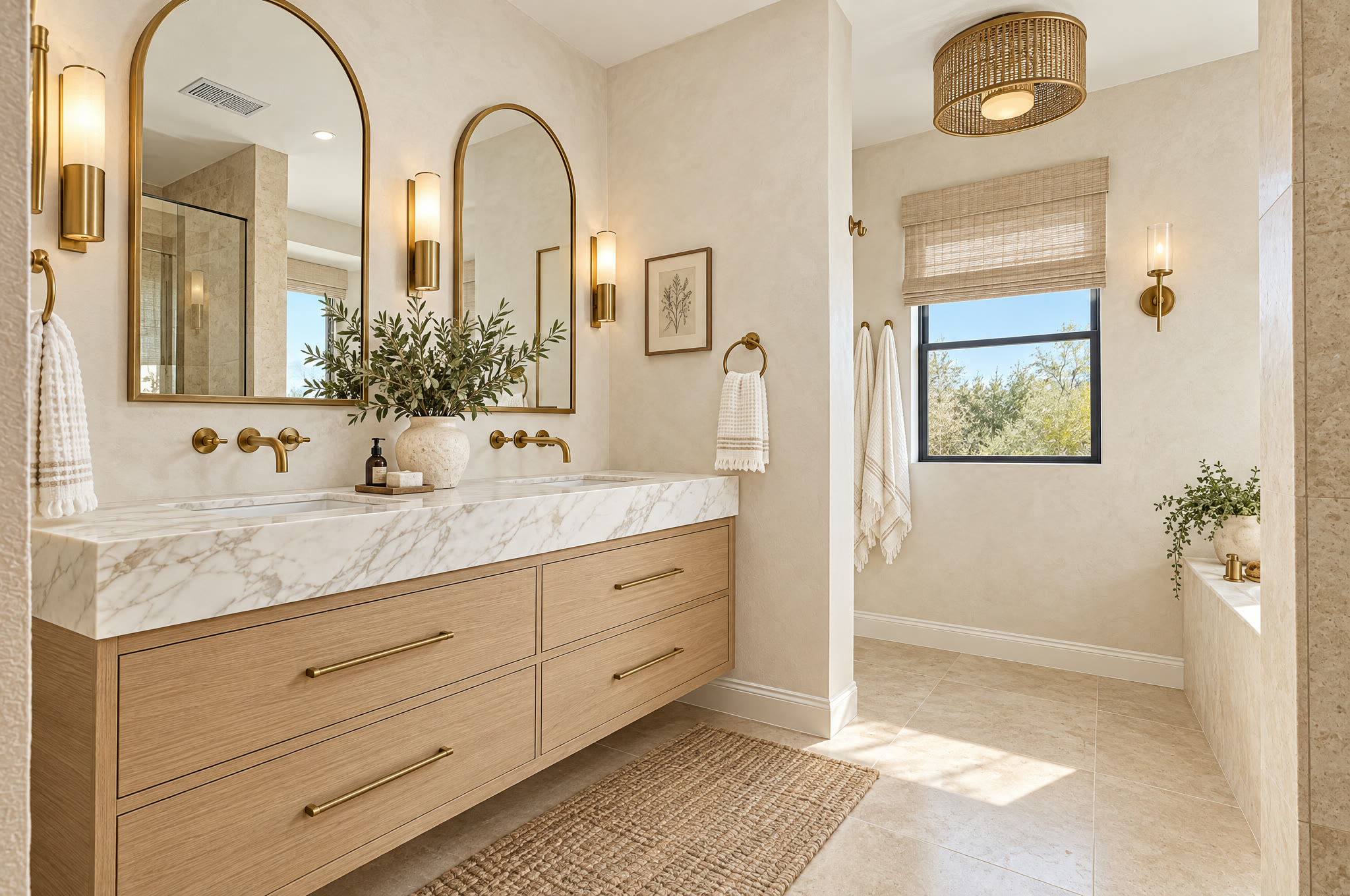 Primary bath in California Modern Farmhouse. Virtually styled. Not the actual condition.